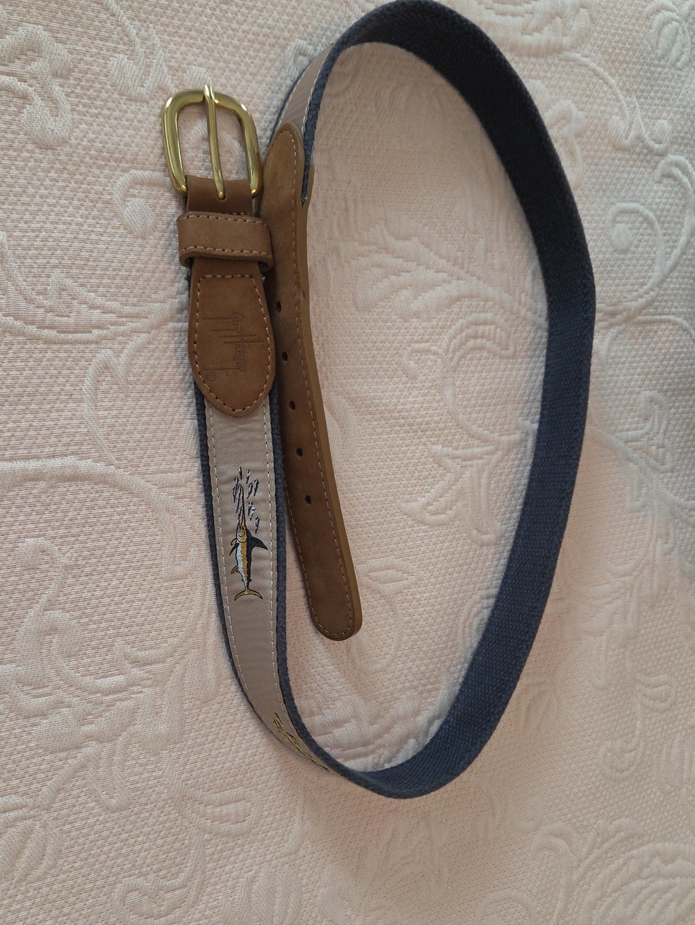 Guy Harvey Men's Canvas and Leather Brown Belt with Navy Trim